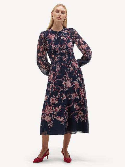 Hobbs Petite Demi Silk Floral Print Dress, Midnight/Multi, Midnight/Multi