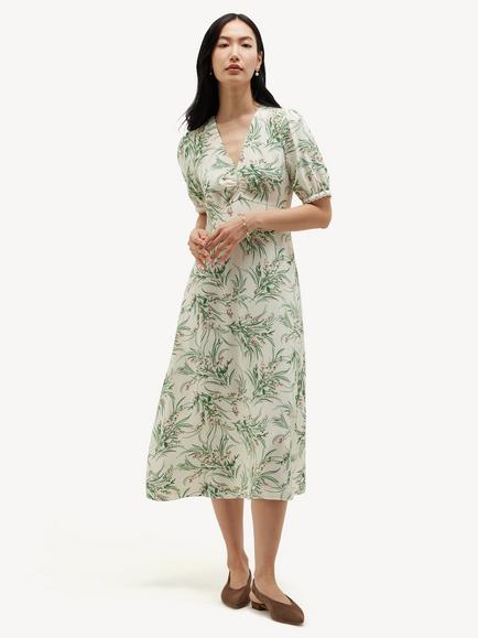 Hobbs Petite Florentina Floral Print V-Neck Dress, Ivory/Multi, Ivory/Multi