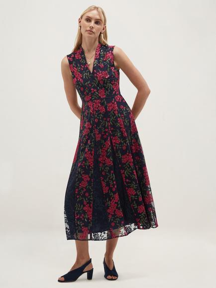 Hobbs Quin Sleeveless Floral Embroidered Midi Dress, Midnight/Pink, Midnight/Pink