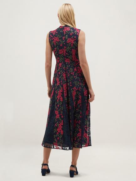 Hobbs Quin Sleeveless Floral Embroidered Midi Dress, Midnight/Pink - view 2, Midnight/Pink
