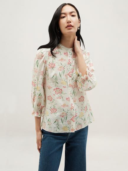 Hobbs Frances Long Sleeve Floral Blouse, Ivory/Multi, Ivory/Multi