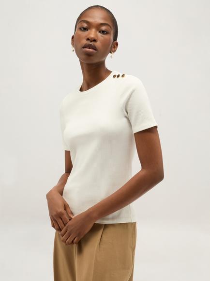 Hobbs Tamsin Button Detail Ribbed T-Shirt, Cream, Cream