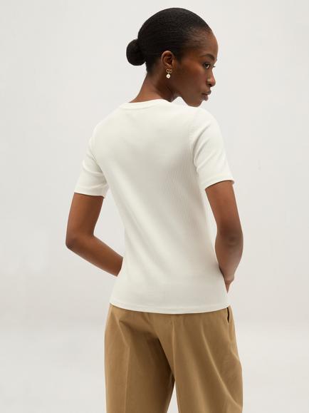 Hobbs Tamsin Button Detail Ribbed T-Shirt, Cream - view 2, Cream