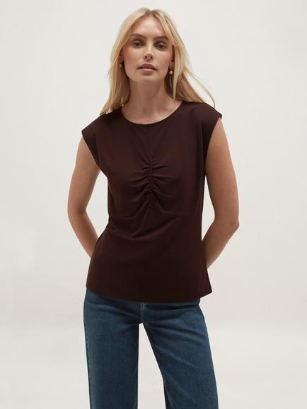 Hobbs Luisa Ruched Cap Sleeve Top, Alder Brown