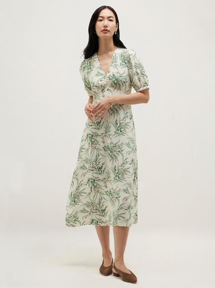 Hobbs Florentina Floral Print V-Neck Dress, Ivory/Multi, Ivory/Multi