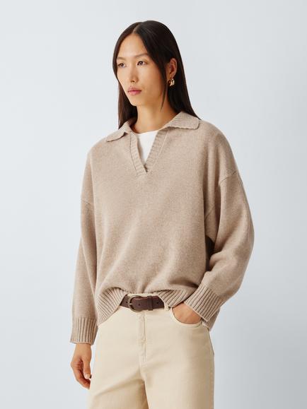 Weekend MaxMara Pure Wool Open Collar Jumper, Beige, Beige