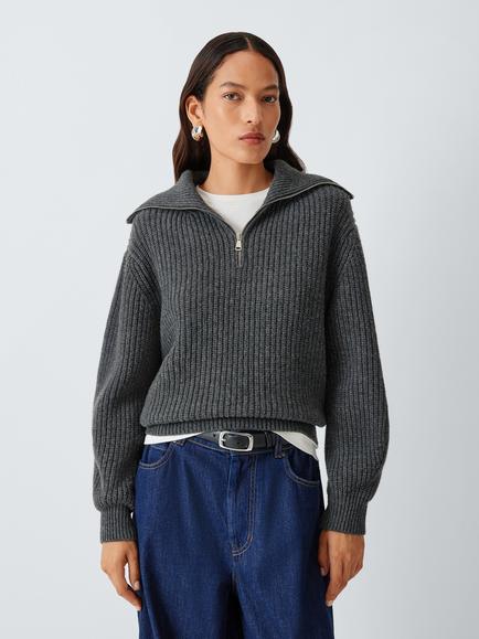 Weekend MaxMara Laser Zip Neck Wool Jumper, Dark Grey, Dark Grey