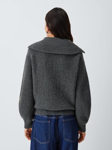 Weekend MaxMara Laser Zip Neck Wool Jumper, Dark Grey - view 2, Dark Grey