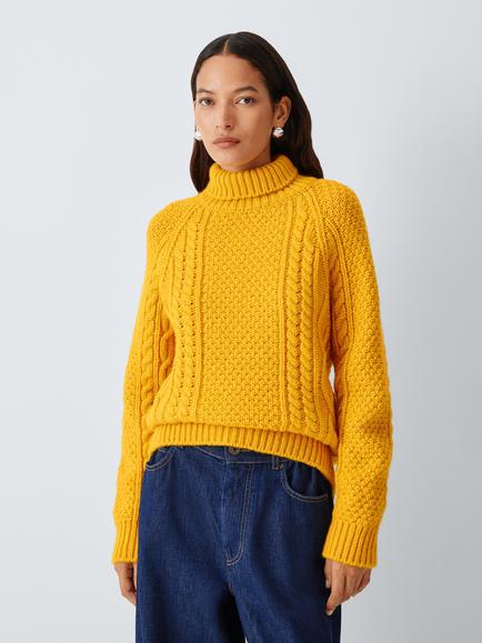 Weekend MaxMara Wool Blend Cable Knit High Neck Jumper, Yellow, Yellow