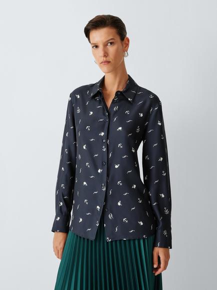 Weekend MaxMara Pavido Anchor Print Silk Shirt, Navy, Navy Anchors Print
