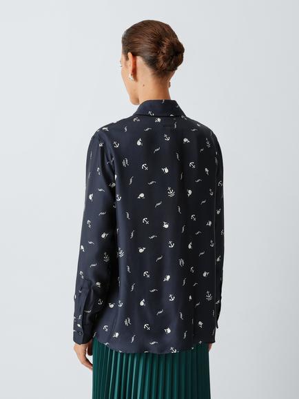 Weekend MaxMara Pavido Anchor Print Silk Shirt, Navy - view 2, Navy Anchors Print