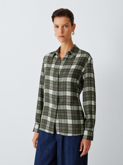 Weekend MaxMara Pure Silk Long Sleeve Shirt, Kaki Check, Kaki Check