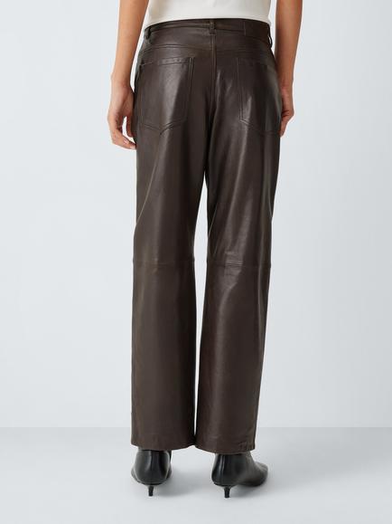 Weekend MaxMara Deserto Tailored Leather Trousers, Dark Brown - view 2, Dark Brown