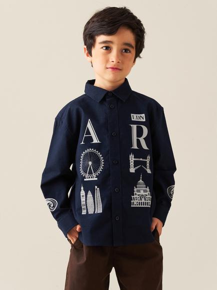 Angel & Rocket Kids' Neo City Print Shirt Long Sleeve Shirt, Navy, Navy