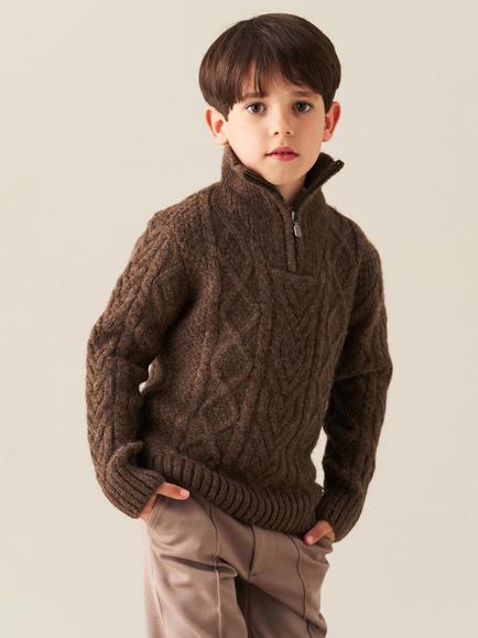 Angel & Rocket Kids' Colin Cable Knit Zip Neck Jumper, Brown, Brown
