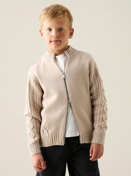 Angel & Rocket Kids' Max Zip Through Cable Knit Jumper, Stone, Stone