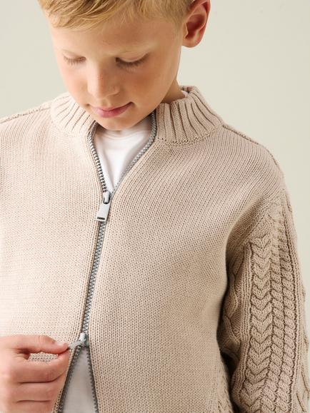 Angel & Rocket Kids' Max Zip Through Cable Knit Jumper, Stone - view 2, Stone