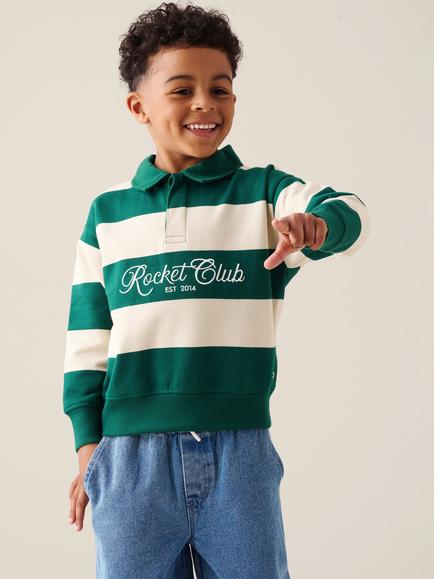 Angel & Rocket Kids' Shay Striped Rugby Sweatshirt, Green/Cream, Green/Cream