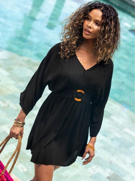 Pour Moi Crinkle O-Ring Woven Beach Kaftan, Black - view 2, Black