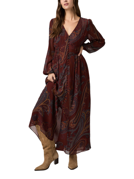 PAIGE Juna Paisley V-Neck Maxi Dress, Burgundy, Burgundy