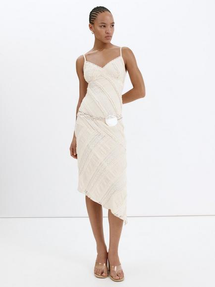 Mango Lace Asymmetrical Midi Dress, Vanilla, Vanilla