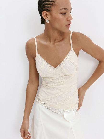 Mango Jasmine Embellishment Lace V-Neck Top, Vanilla, Vanilla