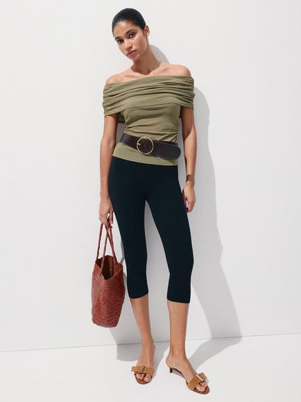 Mango Gathered Boat Neck Blouse, Khaki, Khaki