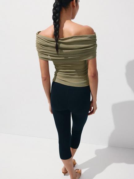 Mango Gathered Boat Neck Blouse, Khaki - view 2, Khaki