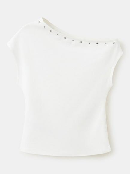 Mango Studded Asymmetric Neck Top, Off White, Off White