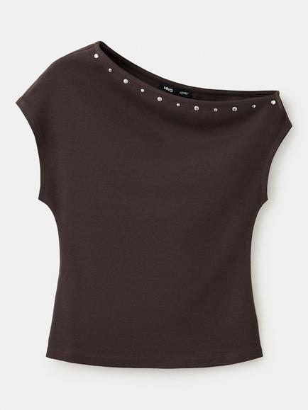 Mango Studded Asymmetric Neck Top, Brown, Brown