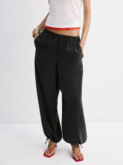 Mango Satin Tie Cuff Balloon Trousers, Black, Black
