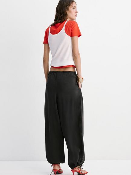 Mango Satin Tie Cuff Balloon Trousers, Black - view 2, Black