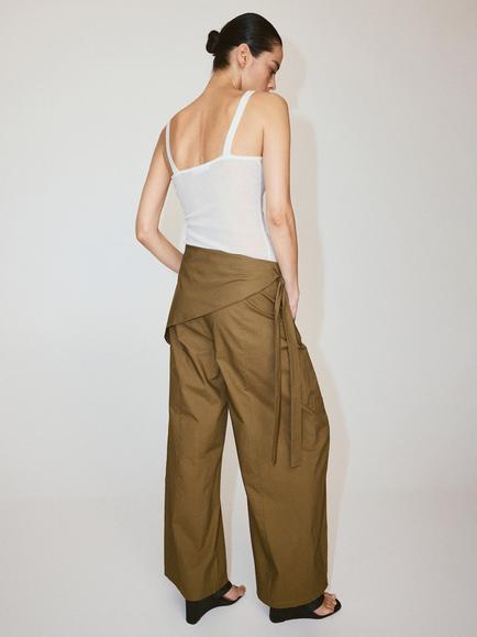 Mango Wrap Sash Cotton Wide Leg Trousers, Khaki - view 2, Khaki