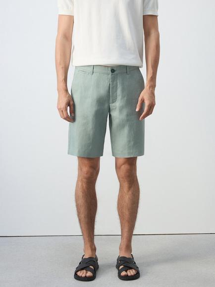 Mango Slim Fit Lightweight Linen Shorts, Black, Emerald