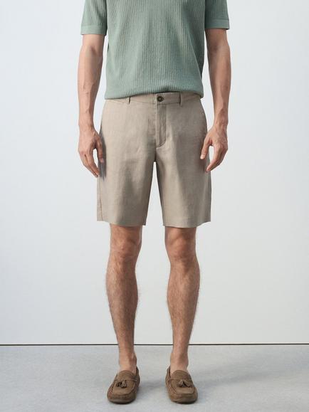 Mango Slim Fit Lightweight Linen Shorts, Black, Taupe