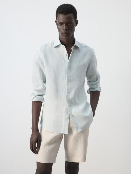 Mango Linen Slim Fit Button Down Shirt, Pastel Green, Pastel Green