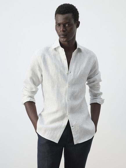 Mango Linen Slim Fit Shirt, Sky Blue, Sky Blue