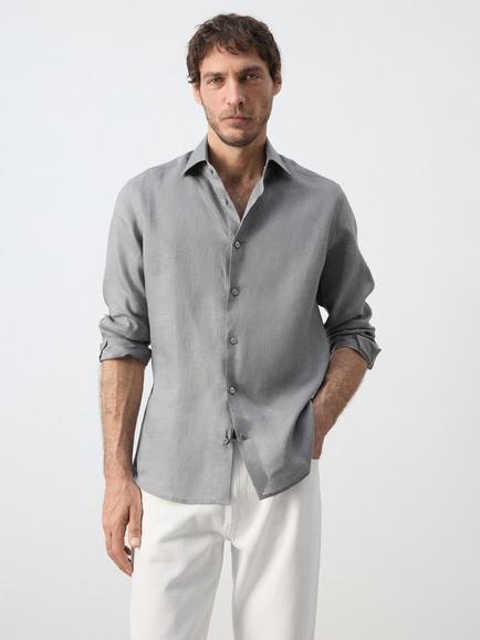 Mango Linen Slim Fit Long Sleeve Shirt, Anthracite, Anthracite