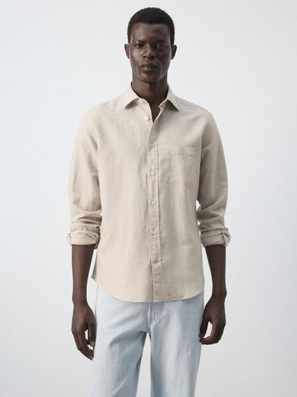 Mango Linen Long Sleeve Shirt, Beige