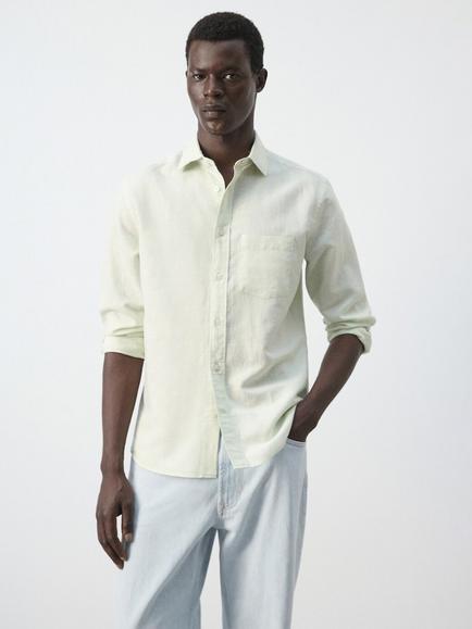 Mango Linen Long Sleeve Shirt, Pastel Green