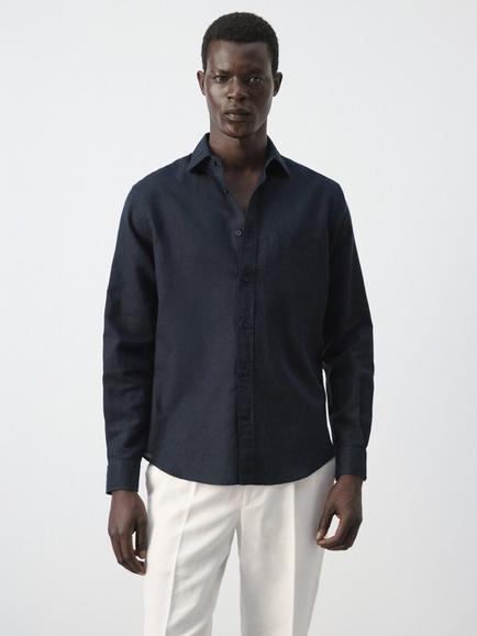 Mango Linen Long Sleeve Shirt, Navy