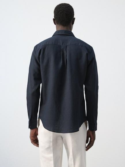 Mango Linen Long Sleeve Shirt - view 2, Navy