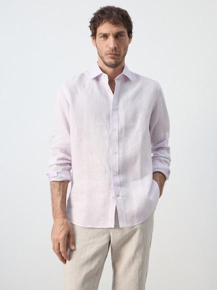 Mango Linen Long Sleeve Shirt, Pale Pink