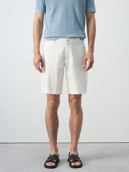 Mango Slim Fit Lightweight Linen Shorts, Black, Off White