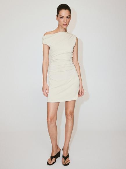 Mango Asymmetric Ruched Mini Dress, Raw, Raw
