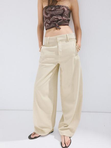 Mango High Rise Wide Leg Balloon Jeans, Khaki, Khaki