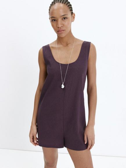 Mango Sleeveless Linen Blend Playsuit, Plum, Plum