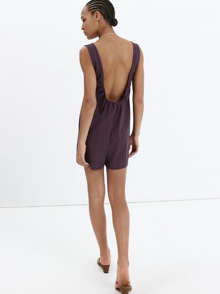 Mango Sleeveless Linen Blend Playsuit, Plum - view 2, Plum