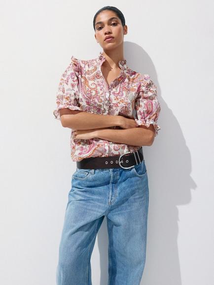 Mango Paisley Ruffled Puff Sleeve Blouse, Off White, Off White