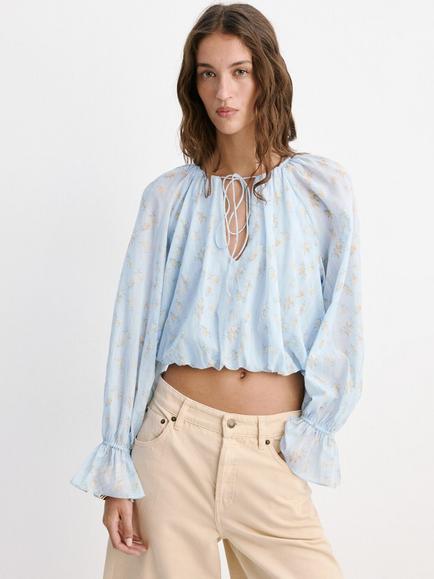 Mango Floral Long Sleeve Blouse, Blue, Blue